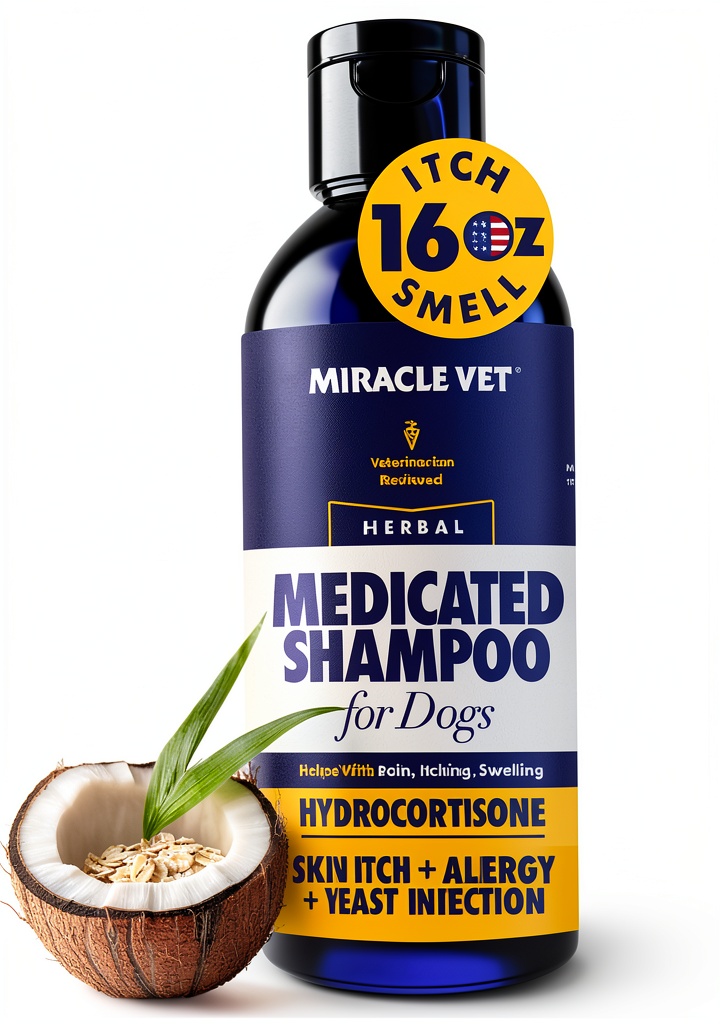 Miracle Vet Medicated Dog Shampoo bottle with dog illustration