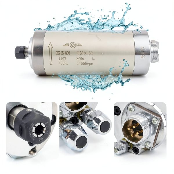 RATTMMOTOR 800W Water Cooled Spindle Kit, 65mm Spindle Motor 0.8KW 110V 400HZ+1.5KW VFD 110V Single to 3 Phase Inverter Variable Frequency Drive+65mm Spindle Mount+ER11 Collet+80W Water Pump for CNC-3